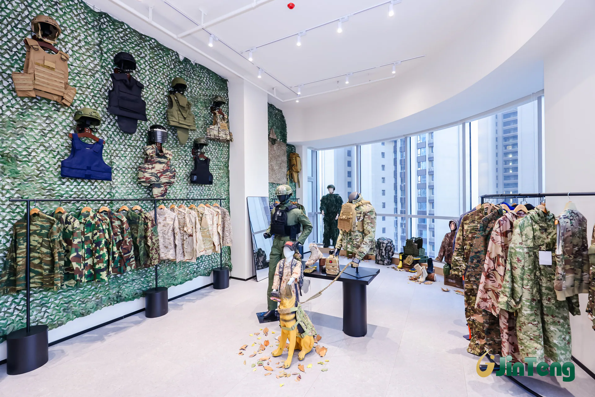 JT Tactical showroom with military uniforms, tactical clothing and field equipment samples