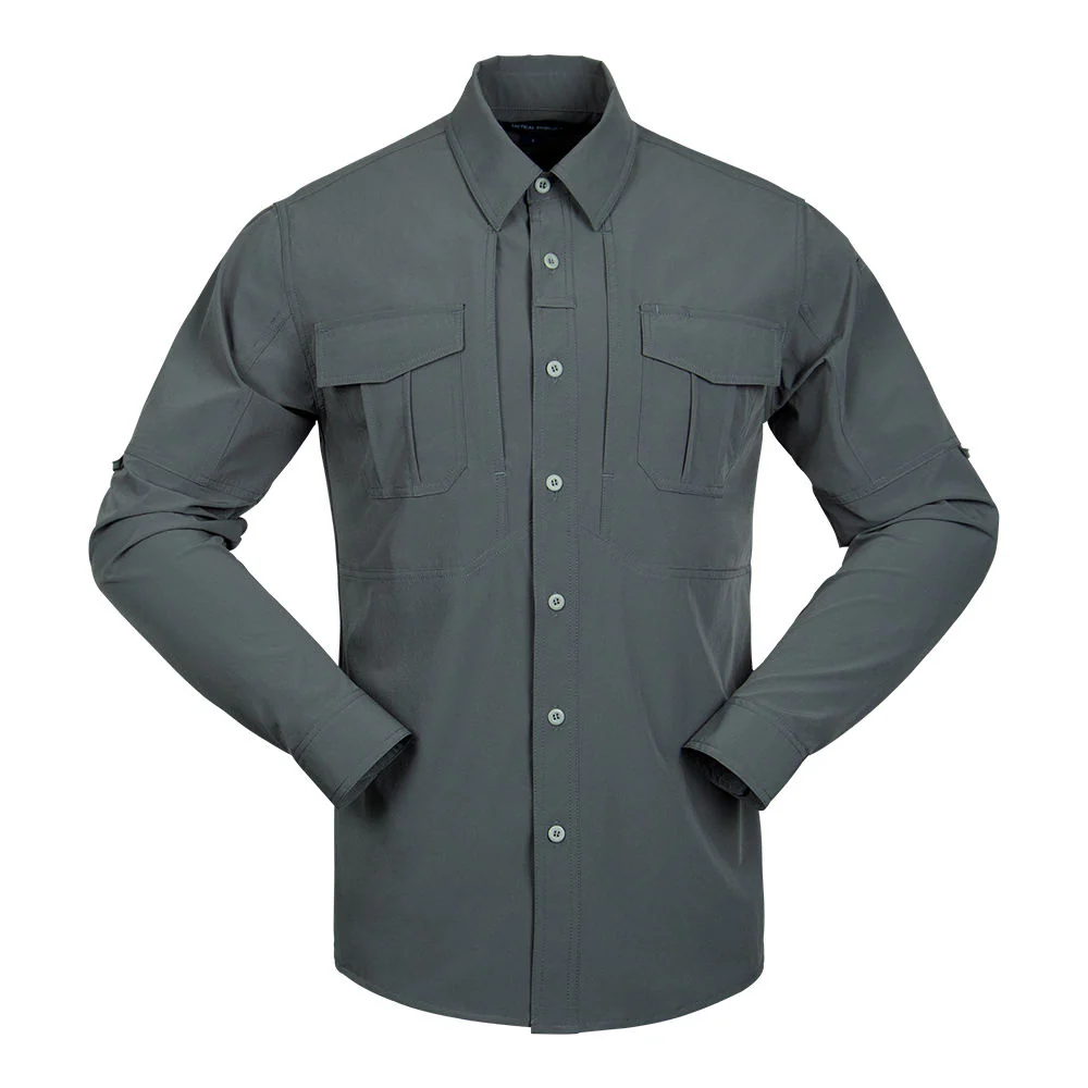 Men's Tactical Long Sleeve Shirt Gray Anti-Wrinkle Breathable Twill Spring