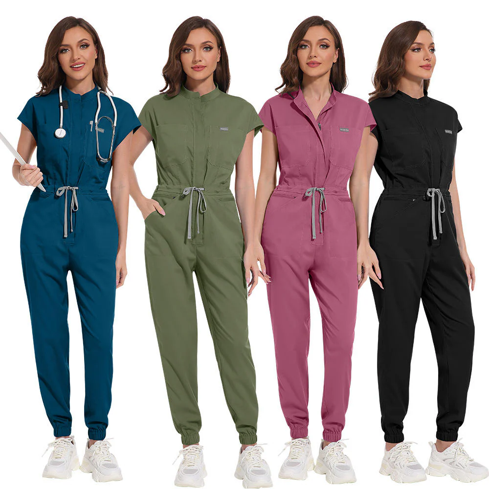 Womens Medical Scrub Sets Jumpsuit Short Sleeve Zip Front Drawstring JT-WU-004